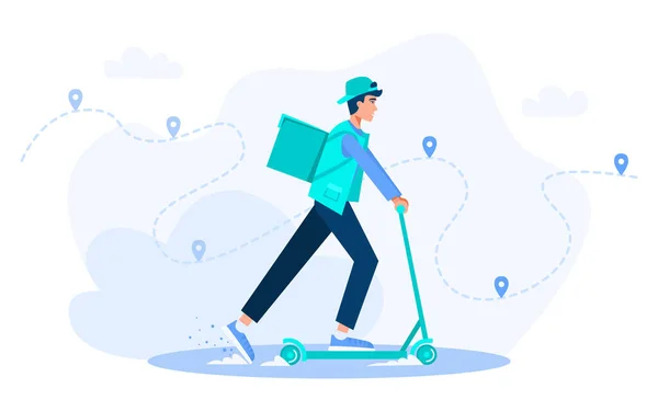 Çevrimiçi lojistik servis yatay vektör konsepti çizimi düz çizgi film tarzında karakterle. Erkek kurye, paket ürün kutusuyla scooter kullanıyor. Sipariş vermek için acele eden kurye.