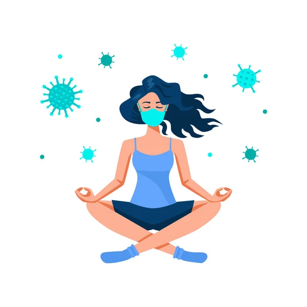 Coronavirus karantina illüstrasyon kavramı. Genç ve güzel bir kadın tıbbi maskeyle yoga meditasyonu yapıyor. Corona virüsü kendini karantinaya almış. Evde tecrit süresi. Beyaz arkaplanda izole