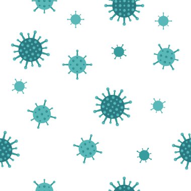 Beyaz zemin üzerinde yeni Coronavirus (2019-nCoV) COVID-19 'un düz çizimi ile kusursuz desen. NCoV COVID Çin virüsünün soyut modeli. Koronavirüs salgını deseni