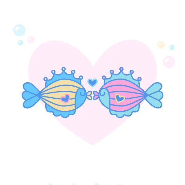 Милые Целующиеся Рыбки Сердце Пара Влюблённых Морская Тема Векторная Иллюстрация — стоковый вектор