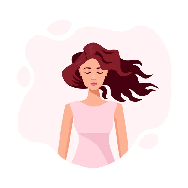 Gözleri kapalı genç ve güzel bir kadının romantik portresi. Huzurlu, rüya gören kızıl saçlı bir bayanın vektör betimlemesi. Kadınsı kadın yüzü. Meditasyon konsepti. Rahatlama ve uyum