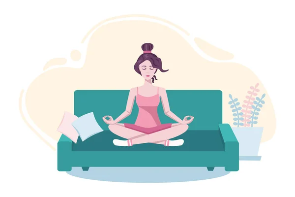 Genç ve güzel bir kadın kanepede meditasyon yapıyor. Yatay düz vektör çizimi. Lotus pozisyonunda oturan kız. Yoga Çalışan Yoga Yoğunlaştıran Kadın Poz Veriyor. Beyaz arkaplanda izole