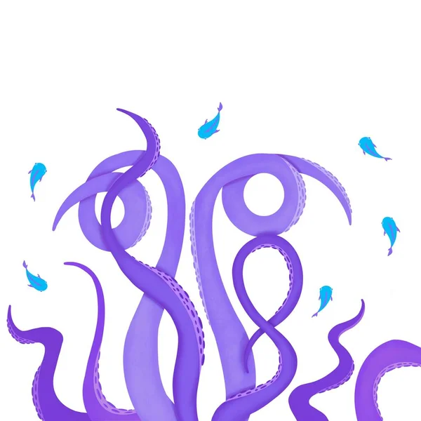 Violet tentacles of octopus among turquoise fish on white background. Sea creature cartoon illustration. Graphics for t-shirt, poster, invitation, banner or card design