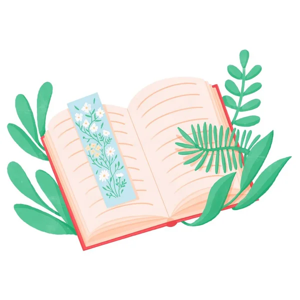 Yeşil yapraklı ve çiçekli kitap ayracı olan açık bir kitap. Okul boş defteri, kurumuş çiçekli kişisel günlük ve düz resimli yeşillik. Orman bitkileriyle dolu boş eğitim sembolü