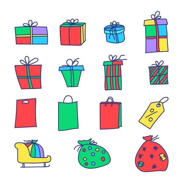 Yılbaşı hediyesi, paket, hediye dolu çanta, Noel Baba kızağı ve indirim kuponlu Vector Noel ikonu seti. El çizimi kış sezonu renkli Web ve Mobil için Düz Çizgi Simgesi 