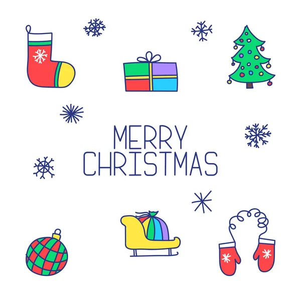 Mutlu noel vektör süslemeleri: Noel ağacı, kar tanesi, hediyeler için çorap, hediye dolu bir kızak, eldivenler, top. El çizimi ikonlar. Düz karalamalar ve çizimler. Tebrik kartı tasarımı