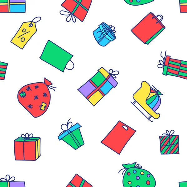 Yeni yıl ve Mutlu Noeller çizilmiş düz çizgili vektör deseni: hediye, paket, hediye çantası, Noel Baba kızağı, indirim kuponu. Beyaz arkaplanda tatil karikatürü çizimi