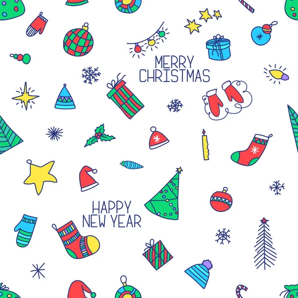 Yeni yıl ve mutlu noel el el çizimi vektör düzlüğü dikişsiz desen: çanta, eldiven, top, oyuncak, çelenk, hediye, kutsal, Noel Baba şapkası, yıldız, ladin, ağaç, kar tanesi, çorap, mum, ampul