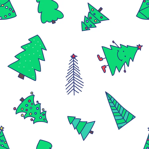 Yeni yıl ve mutlu noeller vektör düz karalamalar ladin, çam, oyuncaklı Noel ağacı ve kar. Beyaz arkaplanda izole edilmiş renkli tatil karikatürü çizimi
