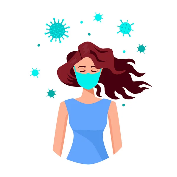 Coronavirus karantina vektörü düz çizim. Kapalı gözlü romantik genç bir kadın meditasyon maskesiyle meditasyon yapıyor. Evde kapalı izolasyon dönemi. Düşleyen kızıl saçlı kadının kadınsı yüzü.