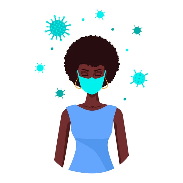 Coronavirus karantina vektörü düz çizim. Genç, güzel, Afro-Amerikan kadın meditasyon yaparken maske takıyor. Evde kapalı izolasyon dönemi. Kıvırcık saçlı ve esmer tenli.