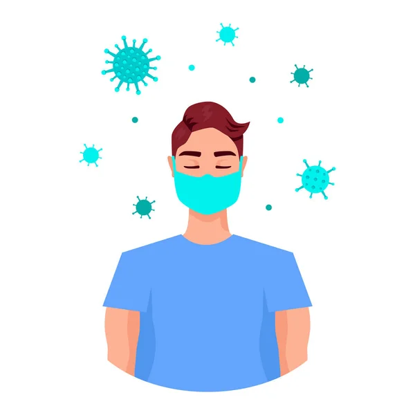 Coronavirus karantina vektörü düz çizim. Gözleri kapalı genç yakışıklı adam meditasyon yapıyor. Evde kapalı izolasyon dönemi. Hayallerindeki kızıl çocuğun erkek yüzü.