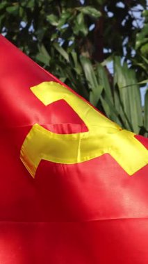 Sarı çekiçli kırmızı bayrak ve rüzgarda sallanan komünizmin orak sembolü. Yüksek kalite 4k görüntü