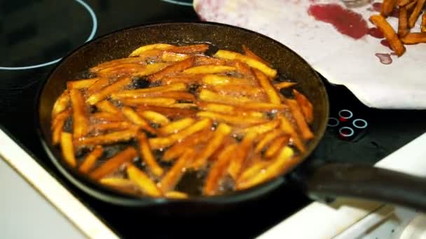 Préparation de frites maison. Pommes de terre frites mises sur un plat avec une serviette . — Video