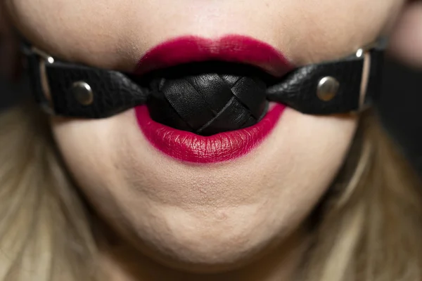 Gag in mouth. Bdsm and fetish sex concept — Stock Photo, Image