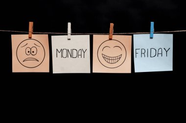 Copy space. Four stickers. Two emoticons and two inscriptions. Expression of frustration. Monday. Emotion of joy. Friday. clipart