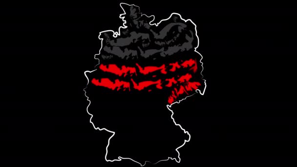 Κινούμενα σχέδια. Ντίσελντορφ, Γερμανία. Το όνομα της χώρας. Χρωματισμός του χάρτη της γης στα χρώματα της σημαίας. — Αρχείο Βίντεο