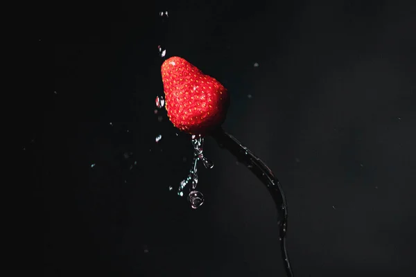 Strawberry on a fork. Freeze motion splash water — Stock Photo, Image