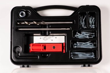 Kırmızı cep deliği jig, dowel jig beyaz arkaplanda izole görüntü