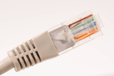 Kalıplı RJ45 dolgusu beyaz arkaplan üzerinde izole edilmiş Gri Ağ Kablosu.