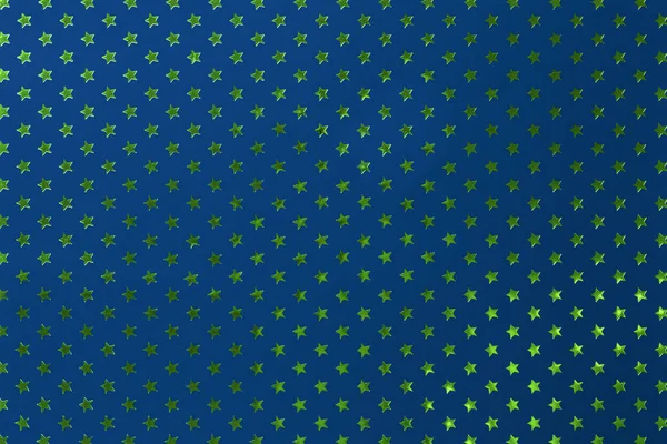Fundo azul marinho de papel de folha de metal com um padrão de estrelas verdes douradas . — Fotografia de Stock
