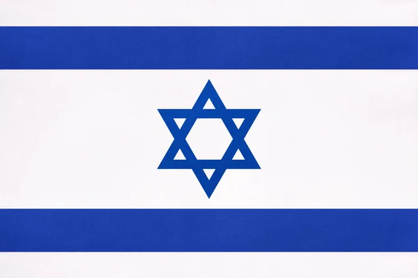 Israel national fabric flag, textile background. Symbol of international world east country. — Stock Photo, Image