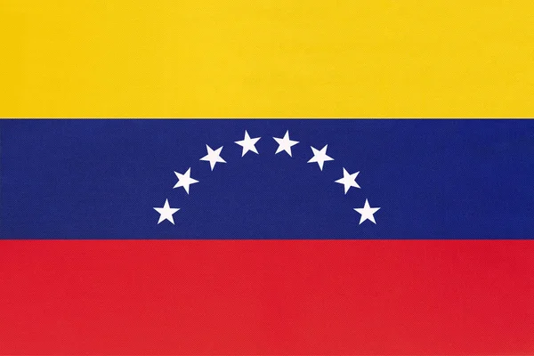 Wenezuela National Fabric flaga tekstylnym tle. Symbol świata Ameryki Południowej kraju. — Zdjęcie stockowe