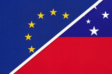 Avrupa Birliği veya AB ve Samoa ulusal bayrağı tekstilden. Avrupa Konseyi Birliği 'nin sembolü. Avrupa şampiyonası. Okyanus ülkesi.