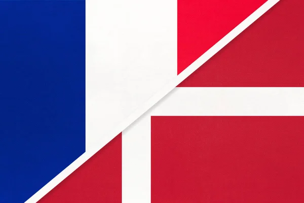 French Republic or France and Denmark, symbol of national flags from textile. Relationship, partnership and championship between two european countries.