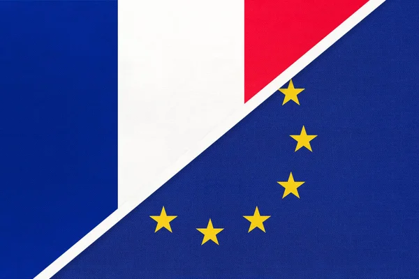 France or French Republic and European Union or EU national flag from textile. Symbol of the Council of Europe association. Europe championship.