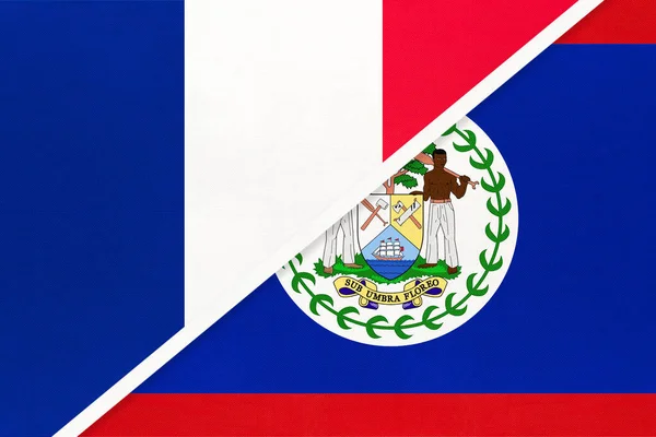 French Republic or France and Belize, symbol of two national flags from textile. Relationship, partnership and championship between European and American countries.