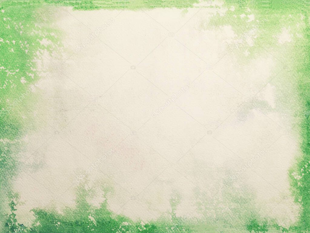 Texture of old beige paper, crumpled background. Vintage white grunge surface backdrop with green and olive frame and border. Structure of craft retro cardboard with vignette.