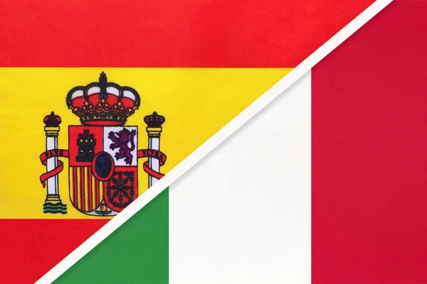 Spain Italy Italian Republic Symbol National Flags Textile Relationship Partnership — Stock Photo, Image