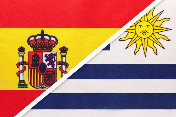 España Uruguay Símbolo Dos Banderas Nacionales Textil Relación Asociación Campeonato — Foto de Stock