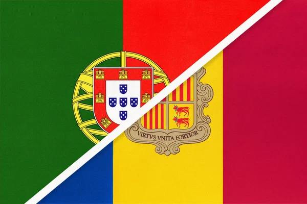 葡萄牙或葡萄牙共和国和安道尔 象征着来自纺织品的国旗 两个欧洲国家之间的关系 伙伴关系和锦标赛 — 图库照片