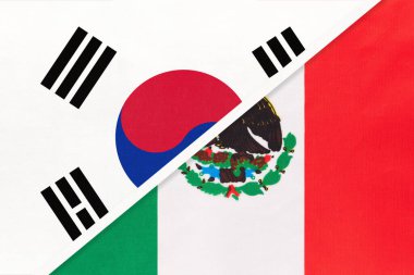 Güney Kore veya ROK ve Meksika veya Meksika Birleşik Devletleri, tekstil ulusal bayraklarının sembolü. Amerikan ve Asya ülkeleri arasındaki ilişki, ortaklık ve şampiyonluk.