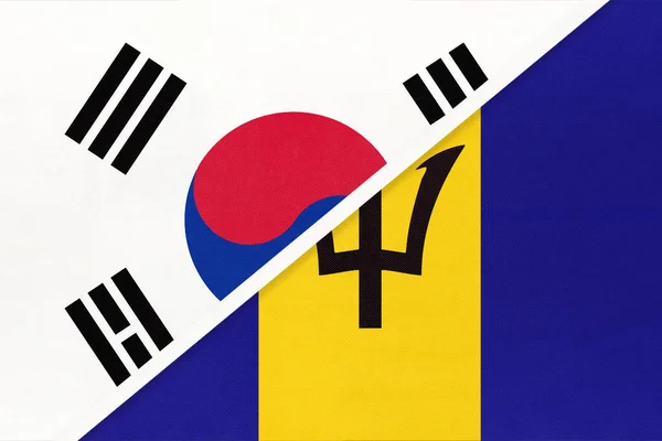 Coreia Sul Rok Barbados Símbolo Duas Bandeiras Nacionais Têxteis Relacionamento — Fotografia de Stock
