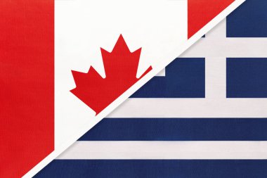 Kanada ve Yunanistan veya Yunanistan Cumhuriyeti, tekstilden iki ulusal bayrağın sembolü. Avrupa ve Amerika ülkeleri arasındaki ilişki, ortaklık ve şampiyonluk.
