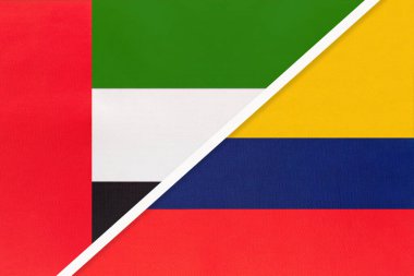 Birleşik Arap Emirlikleri veya BAE ve Kolombiya, tekstilden gelen iki ulusal bayrağın sembolü. Amerikan ve Asya ülkeleri arasındaki ilişki, ortaklık ve şampiyonluk.