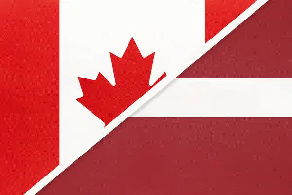 Canada Lettonia Simbolo Due Bandiere Nazionali Del Settore Tessile Rapporti — Foto Stock