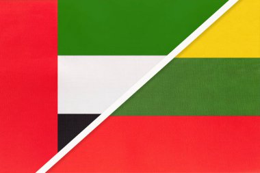 Birleşik Arap Emirlikleri veya BAE ve Litvanya, tekstilden gelen iki ulusal bayrağın sembolü. Avrupa ve Asya ülkeleri arasındaki ilişki, ortaklık ve şampiyonluk.