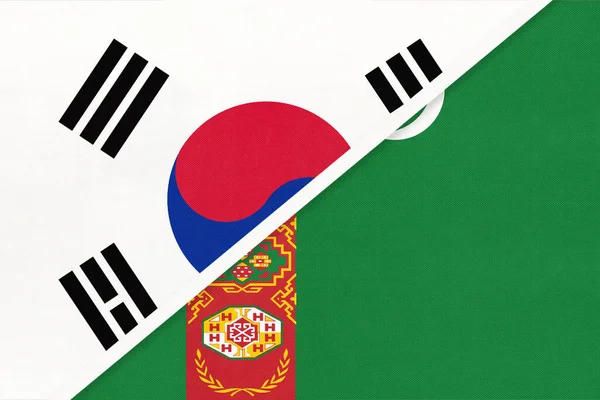Coreia Sul Rok Turquemenistão Turquemenia Símbolo Bandeiras Nacionais Têxteis Relacionamento — Fotografia de Stock