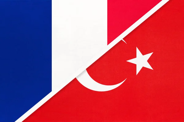 French Republic or France and Turkey, symbol of two national flags from textile. Relationship, partnership and championship between European and Asian countries.