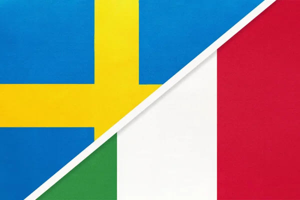 Kingdom of Sweden and Italy or Italian Republic, symbol of national flags from textile. Relationship, partnership and championship between two European countries.