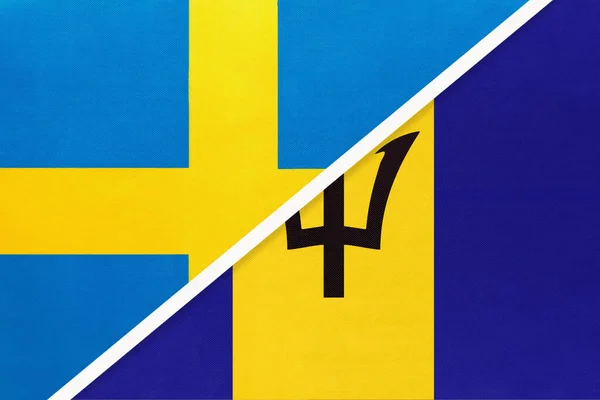 스웨덴과 바베이도스는 직물로 국기의 상징입니다 유럽과 사이의 파트너십 그리고 챔피언십 — 스톡 사진