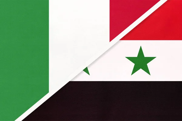 Italy or Italian Republic and Syrian Arab Republic or Syria, symbol of two national flags from textile. Relationship, partnership and championship between Asian and European countries.