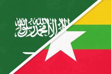 Suudi Arabistan ve Myanmar veya Burma, tekstil ulusal bayraklarının sembolü. İki Asya ülkesi arasındaki ilişki, ortaklık ve şampiyonluk.