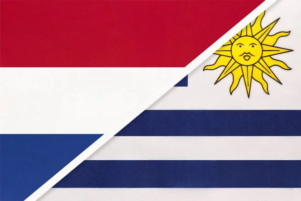 Países Baixos Holanda Uruguai Símbolo Das Bandeiras Nacionais Têxteis Relacionamento — Fotografia de Stock