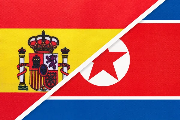 España Corea Del Norte Rpdc Símbolo Dos Banderas Nacionales Textiles — Foto de Stock