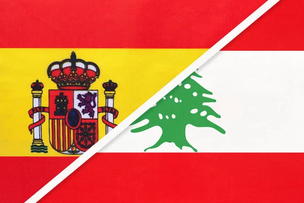 España Líbano República Libanesa Símbolo Dos Banderas Nacionales Textiles Relación — Foto de Stock